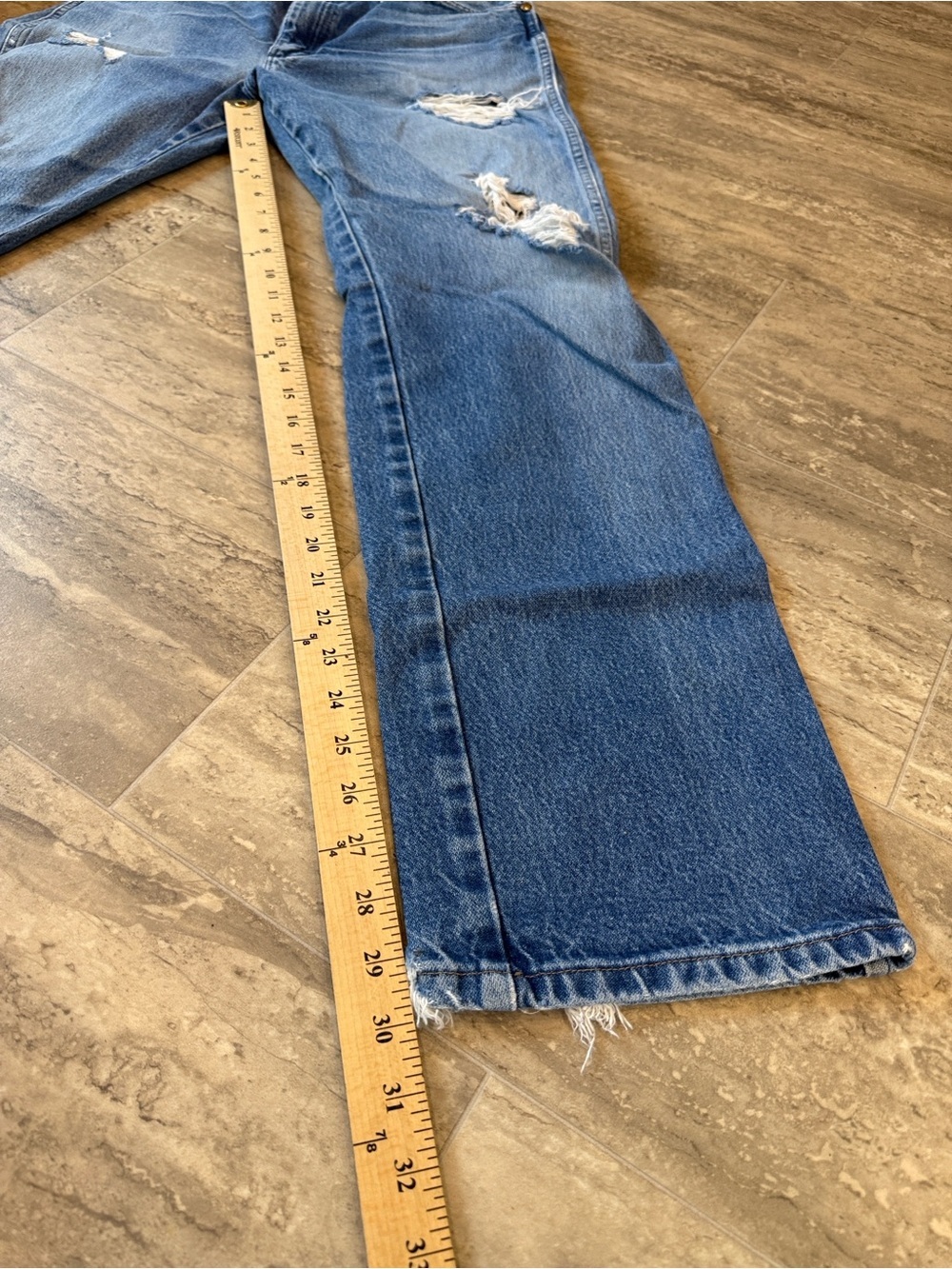 Wrangler Straight Leg Blue Denim Jeans with Leather Patch Destroyed size 34x34 - Picture 5 of 6